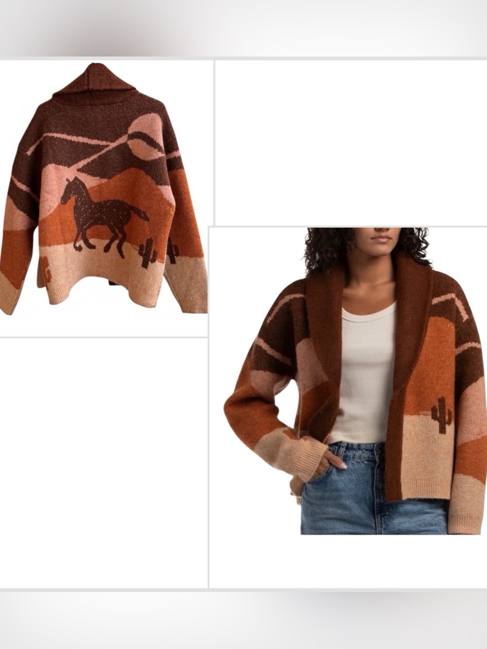 Lucky Brand Shawl Collar Sweater Open Front Cardigan Horse Design Size L Brown